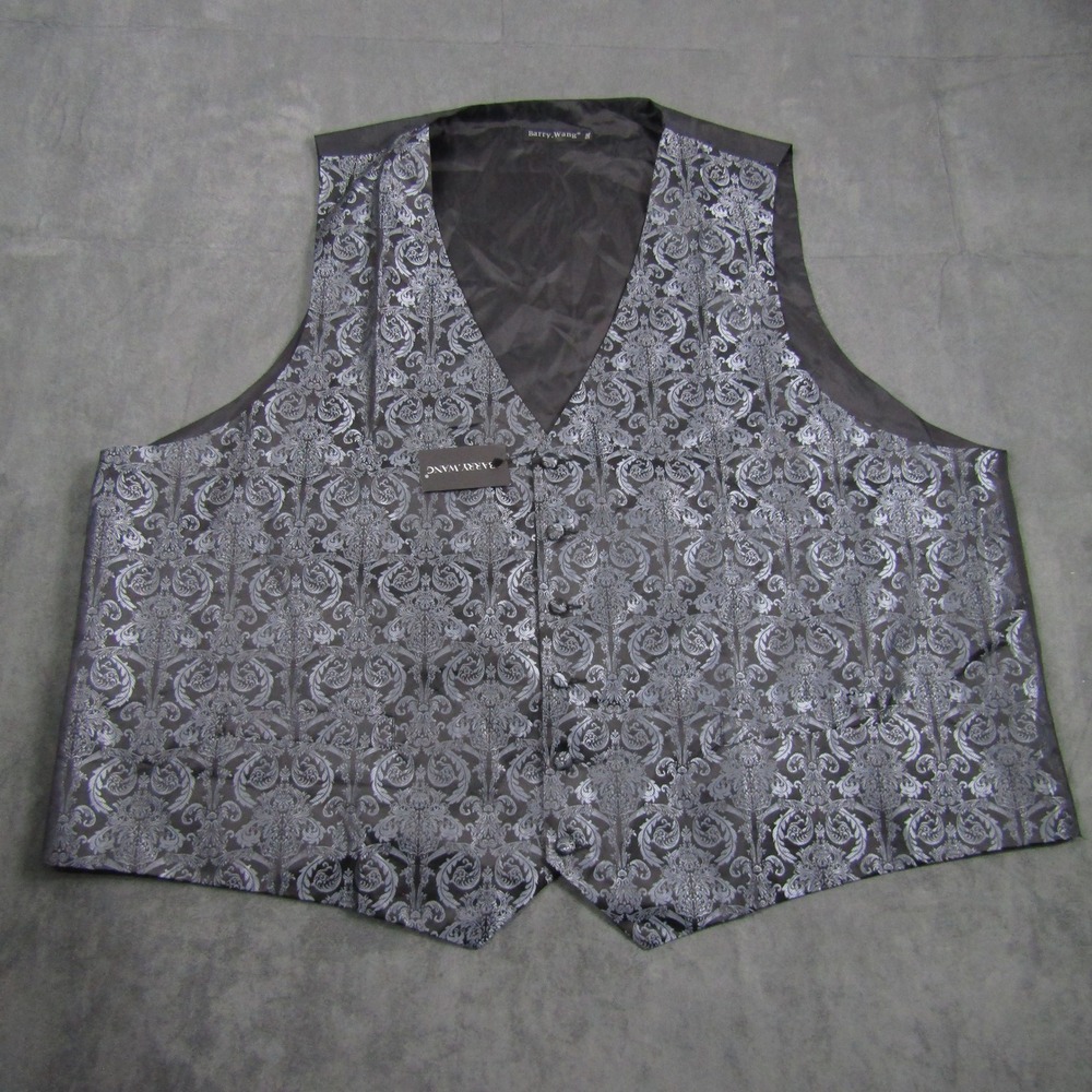 Barry Wang Suit Vest Men 5XL Black Silver Damask Paisley Formal Waistcoat